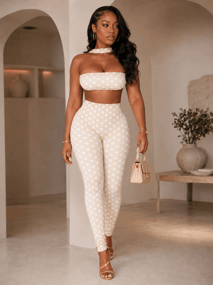Retro Dot Bandeau Crop Top & High-Waist Leggings Set - A-1 Thread Vault