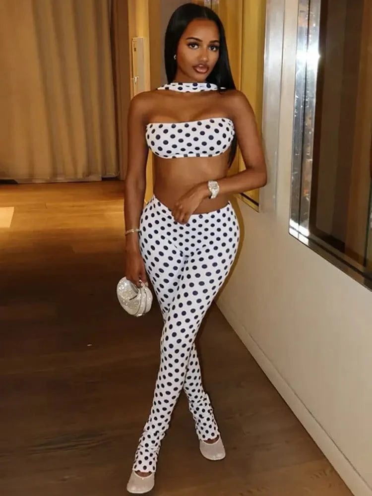 Retro Dot Bandeau Crop Top & High-Waist Leggings Set - A-1 Thread Vault