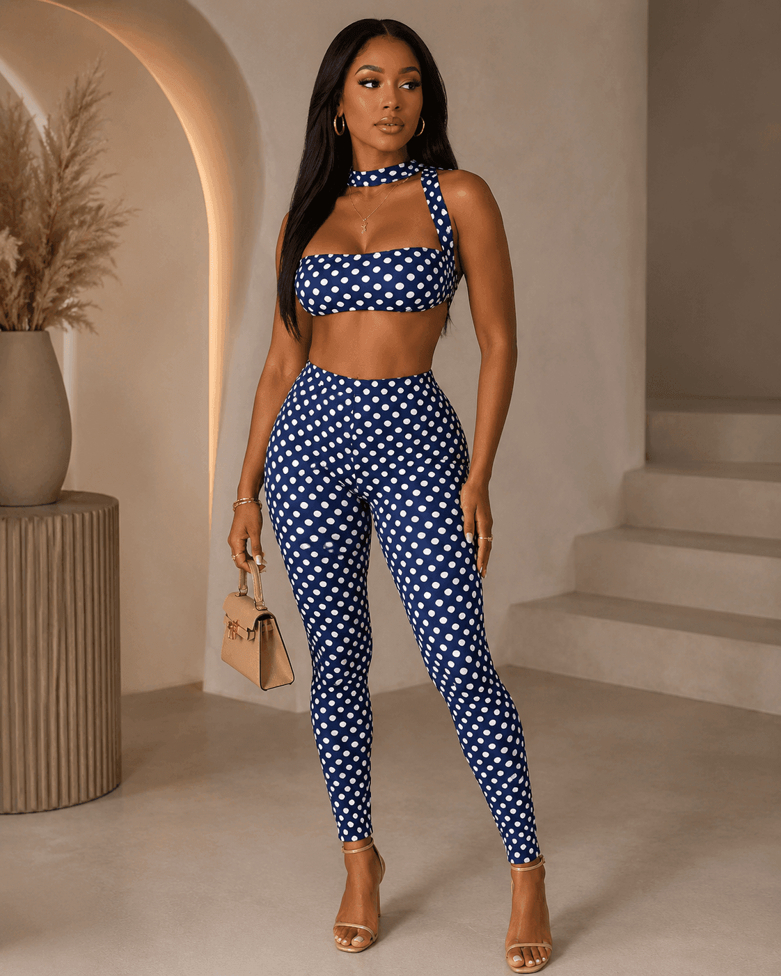 Retro Dot Bandeau Crop Top & High-Waist Leggings Set - A-1 Thread Vault