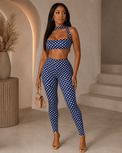 Retro Dot Bandeau Crop Top & High-Waist Leggings Set - A-1 Thread Vault