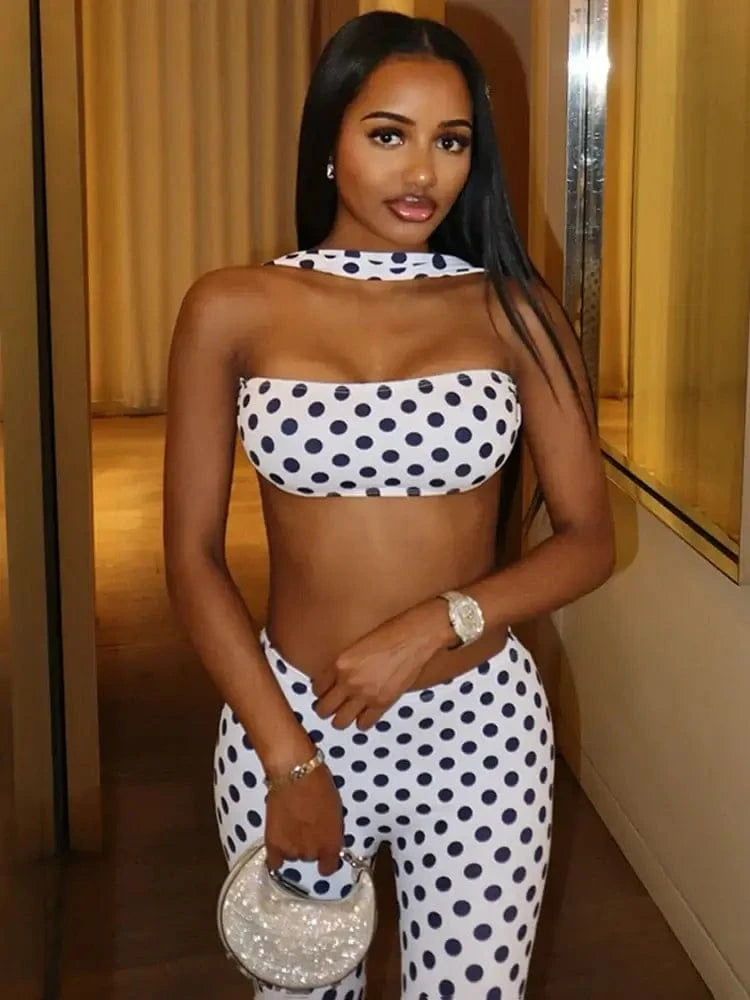 Retro Dot Bandeau Crop Top & High-Waist Leggings Set - A-1 Thread Vault
