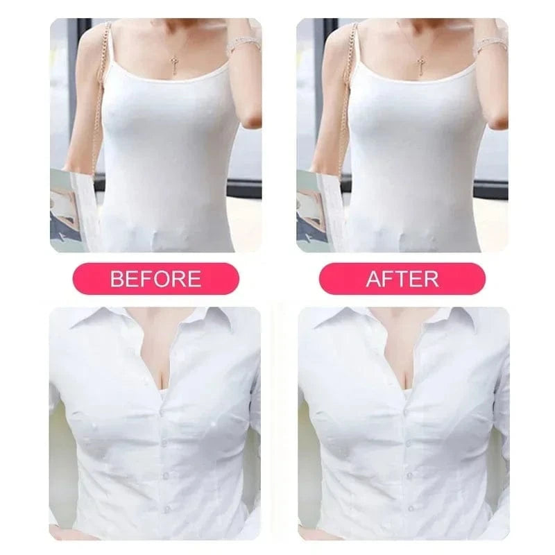 A comparison image showing the effect of breast enhancers, with before and after views of a woman wearing a white tank top and a white button-down shirt.