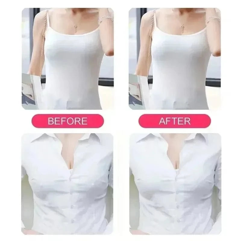 A comparison image showing the before and after effects of using a clothing accessory to adjust the fit of a white tank top and a white button-down shirt on a person.