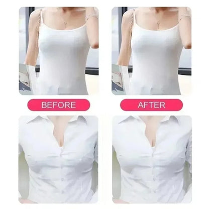 A comparison image showing the before and after effects of using a clothing accessory to adjust the fit of a white tank top and a white button-down shirt on a person.