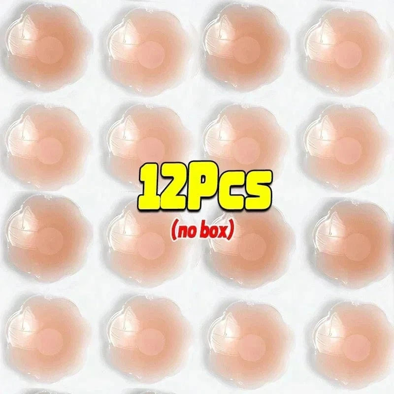 Twelve flower-shaped adhesive nipple covers in a neutral skin tone are arranged in a four-by-three grid on a white background, with text in the center stating 12Pcs (no box).