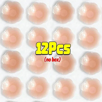 Twelve flower-shaped adhesive nipple covers in a neutral skin tone are arranged in a four-by-three grid on a white background, with text in the center stating 12Pcs (no box).