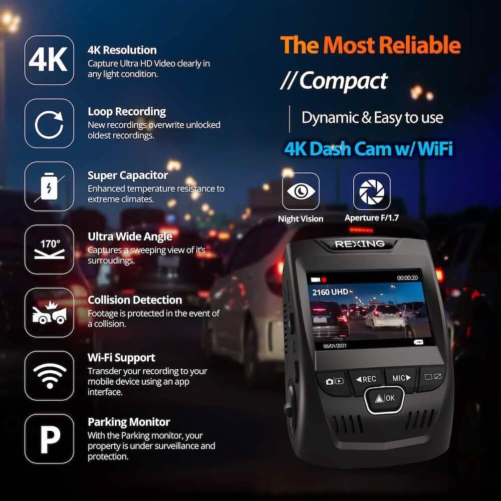 REXING V1 - 4K Ultra HD Car Dash Cam 2.4" LCD Screen (Refurbished) - A-1 Thread Vault