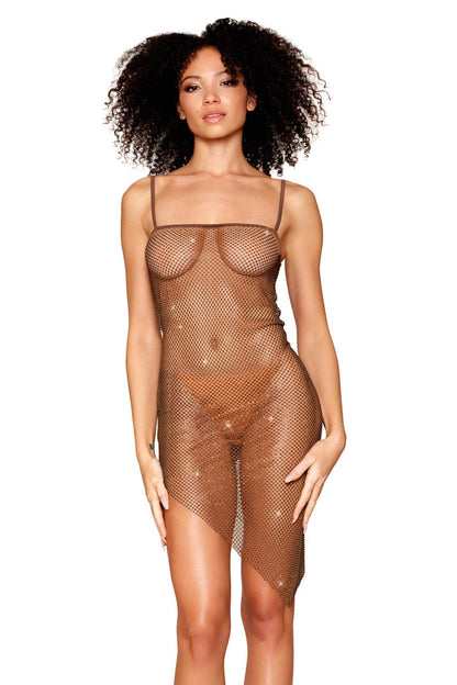 Rhinestone Fishnet Asymmetrical Chemise - A-1 Thread Vault