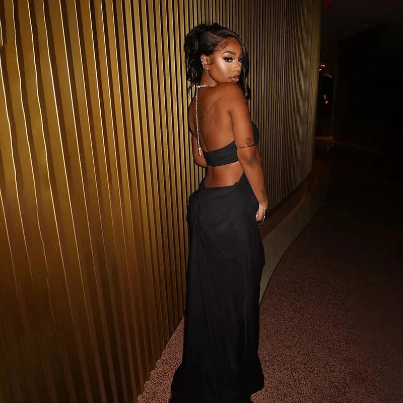 Rhinestone Halter Cutout Mesh Maxi Dress - A-1 Thread Vault