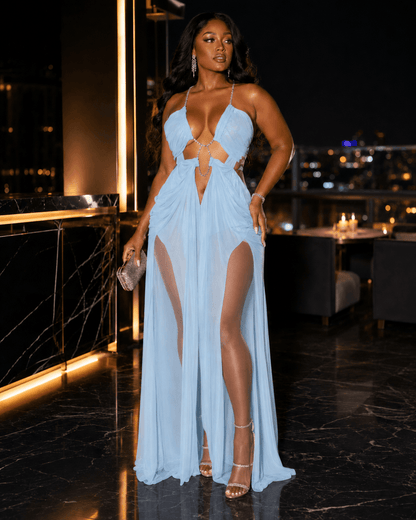 Rhinestone Halter Cutout Mesh Maxi Dress - A-1 Thread Vault
