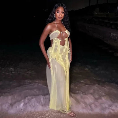 Rhinestone Halter Cutout Mesh Maxi Dress - A-1 Thread Vault
