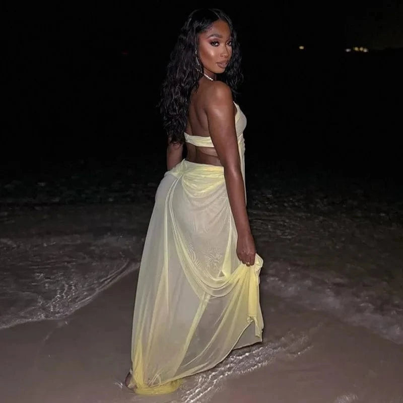 Rhinestone Halter Cutout Mesh Maxi Dress - A-1 Thread Vault
