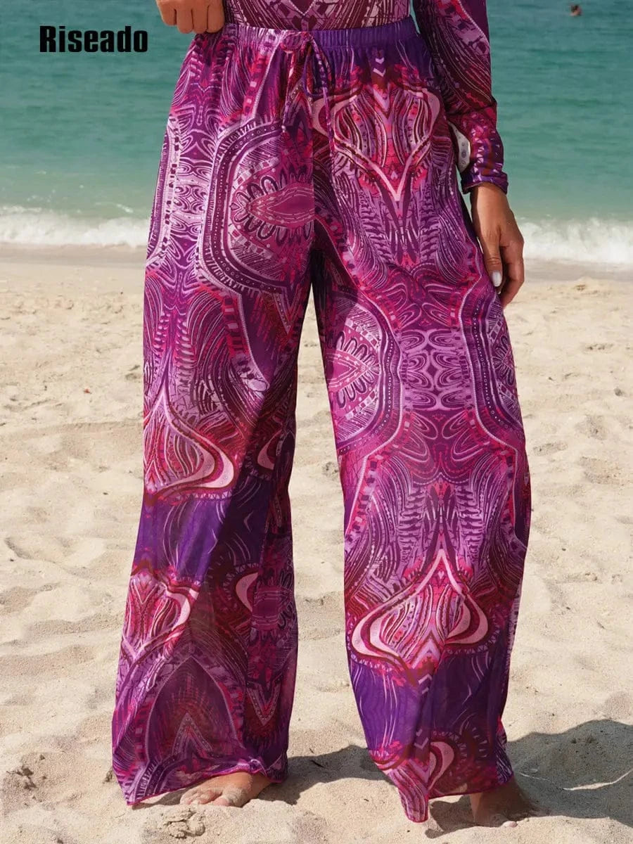 Riseado Mesh Swimsuit with Long Pants & Swimdress Long Sleeve Mesh Beachwear Sexy High Waist Bathing Suit Smart Beach Clothing - A-1 Thread Vault