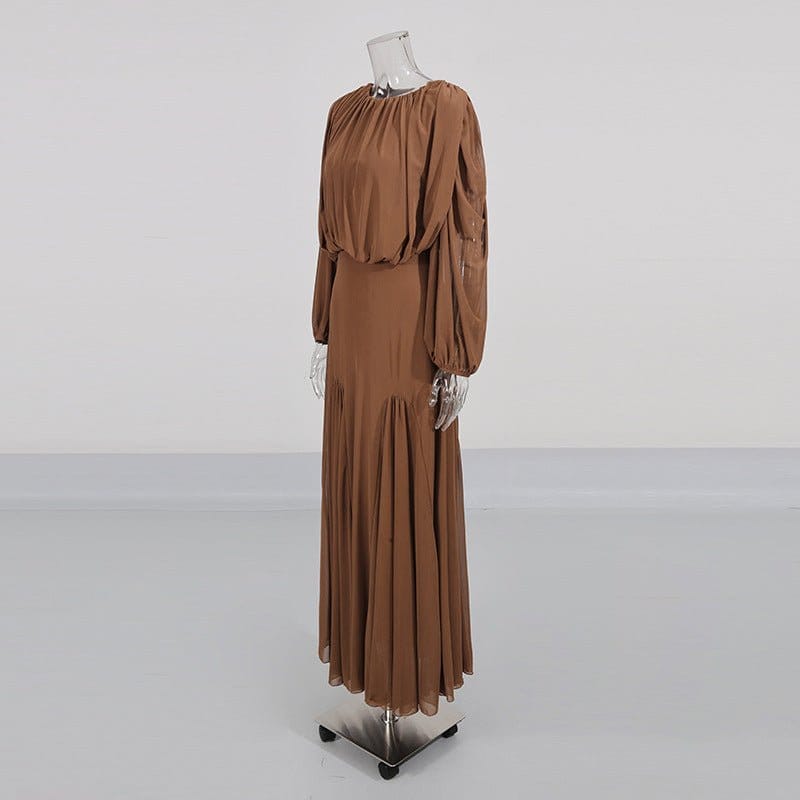 Round Neck Ruched Bodice Lantern Sleeve Floor-Length Dress(MS402) - A-1 Thread Vault