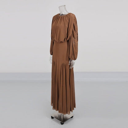 Round Neck Ruched Bodice Lantern Sleeve Floor-Length Dress(MS402) - A-1 Thread Vault