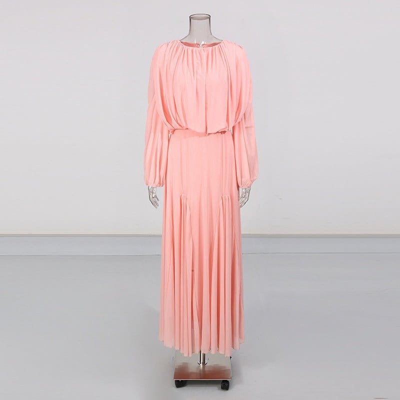 Round Neck Ruched Bodice Lantern Sleeve Floor-Length Dress(MS402) - A-1 Thread Vault