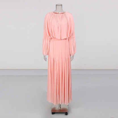 Round Neck Ruched Bodice Lantern Sleeve Floor-Length Dress(MS402) - A-1 Thread Vault