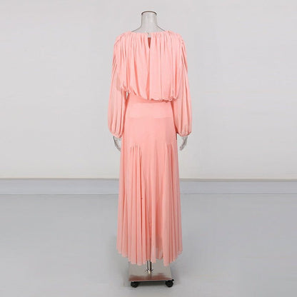 Round Neck Ruched Bodice Lantern Sleeve Floor-Length Dress(MS402) - A-1 Thread Vault