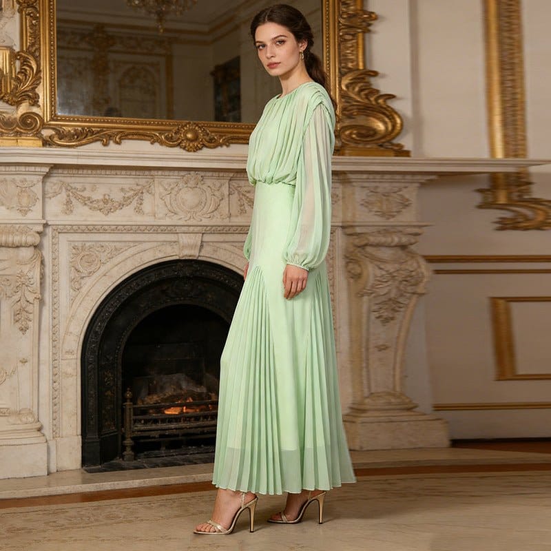 Round Neck Ruched Bodice Lantern Sleeve Floor-Length Dress(MS402) - A-1 Thread Vault