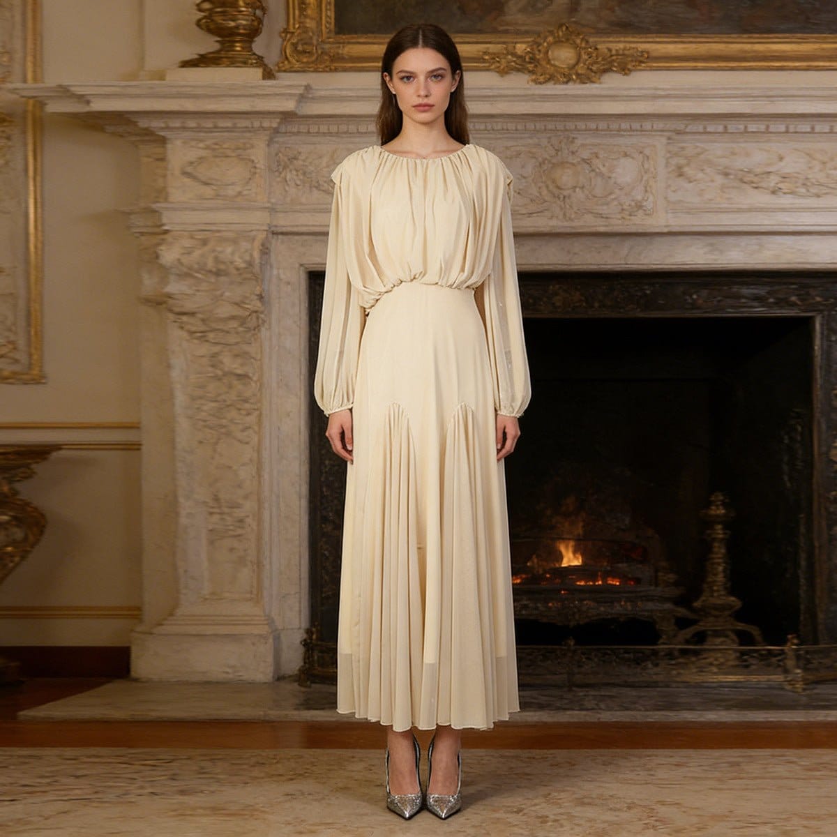 Round Neck Ruched Bodice Lantern Sleeve Floor-Length Dress(MS402) - A-1 Thread Vault