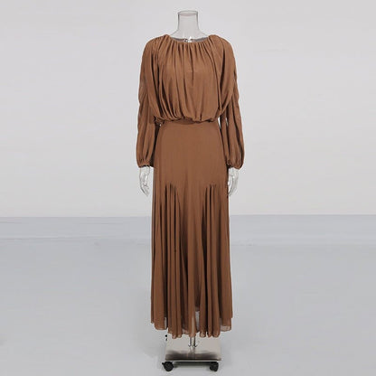 Round Neck Ruched Bodice Lantern Sleeve Floor-Length Dress(MS402) - A-1 Thread Vault