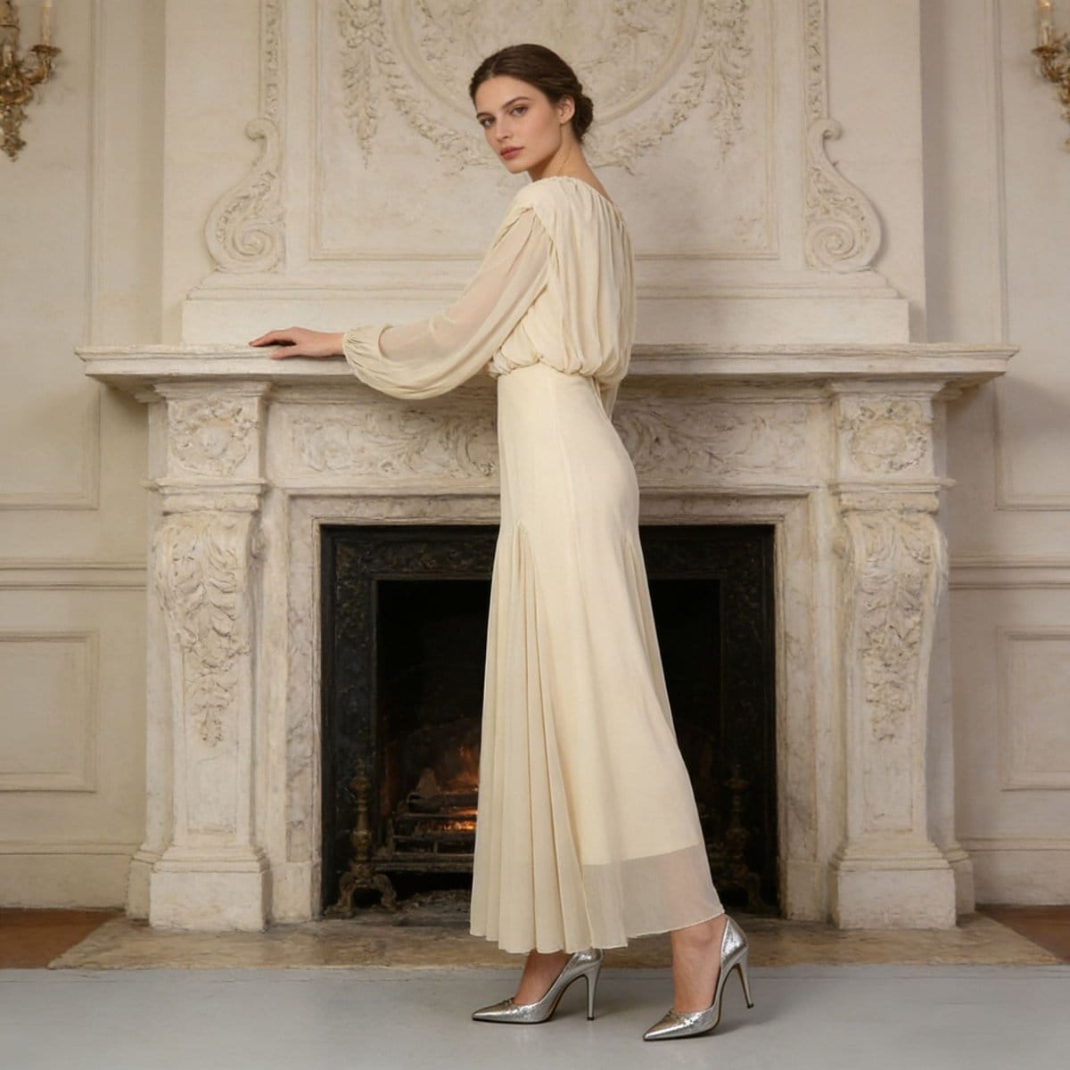 Round Neck Ruched Bodice Lantern Sleeve Floor-Length Dress(MS402) - A-1 Thread Vault