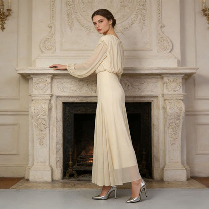 Round Neck Ruched Bodice Lantern Sleeve Floor-Length Dress(MS402) - A-1 Thread Vault