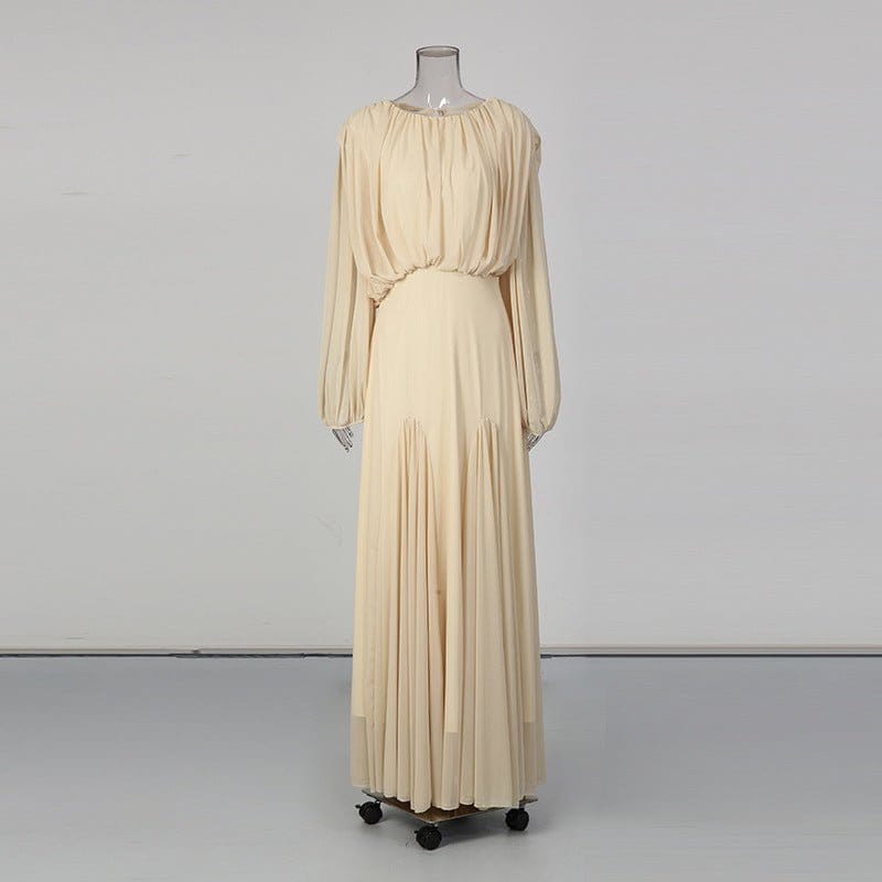 Round Neck Ruched Bodice Lantern Sleeve Floor-Length Dress(MS402) - A-1 Thread Vault