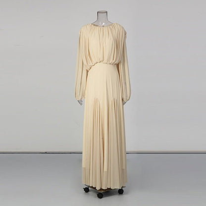 Round Neck Ruched Bodice Lantern Sleeve Floor-Length Dress(MS402) - A-1 Thread Vault