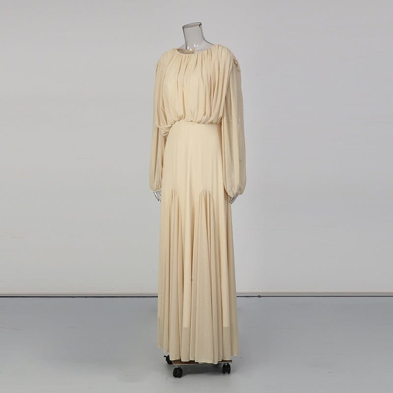 Round Neck Ruched Bodice Lantern Sleeve Floor-Length Dress(MS402) - A-1 Thread Vault
