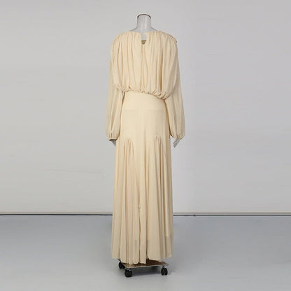 Round Neck Ruched Bodice Lantern Sleeve Floor-Length Dress(MS402) - A-1 Thread Vault