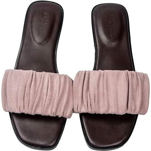 Roxoni Women's Ruched Fabric Slide Sandals Open Toe Flat Sandals with Heel Cushion - A-1 Thread Vault