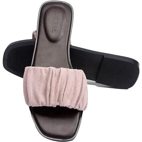 Roxoni Women's Ruched Fabric Slide Sandals Open Toe Flat Sandals with Heel Cushion - A-1 Thread Vault