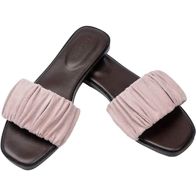 Roxoni Women's Ruched Fabric Slide Sandals Open Toe Flat Sandals with Heel Cushion - A-1 Thread Vault