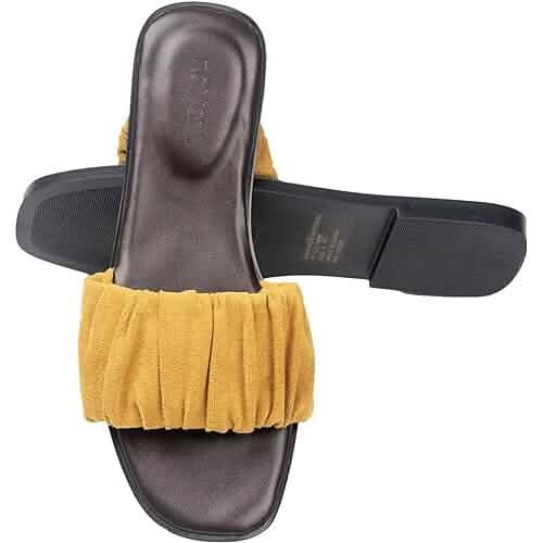 Roxoni Women's Ruched Fabric Slide Sandals Open Toe Flat Sandals with Heel Cushion - A-1 Thread Vault