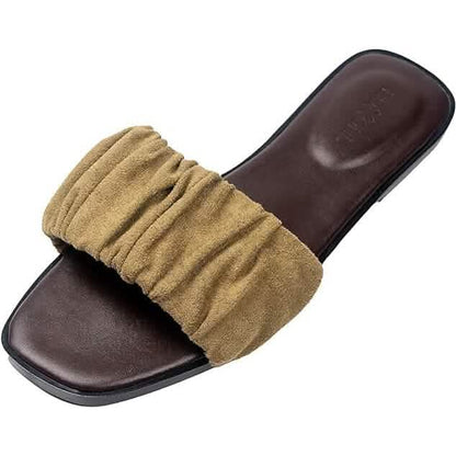 Roxoni Women's Ruched Fabric Slide Sandals Open Toe Flat Sandals with Heel Cushion - A-1 Thread Vault