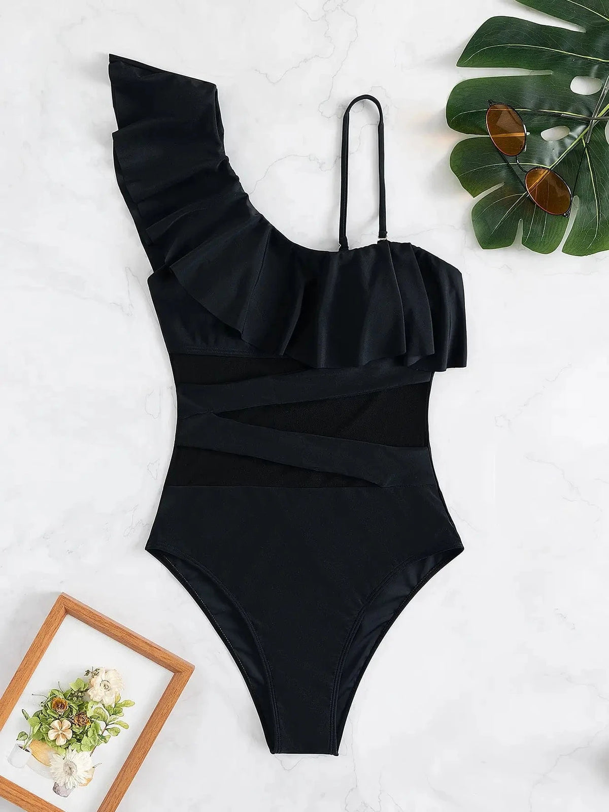 Ruffle Contrast Mesh Swimsuit Women One Piece Swimwear 2026 Bodysuit Bathers Bathing Swimming Swim Suit Sports Beachwear - A-1 Thread Vault