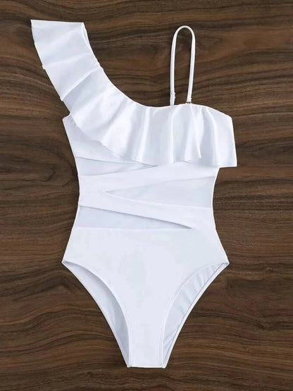 Ruffle Contrast Mesh Swimsuit Women One Piece Swimwear 2026 Bodysuit Bathers Bathing Swimming Swim Suit Sports Beachwear - A-1 Thread Vault
