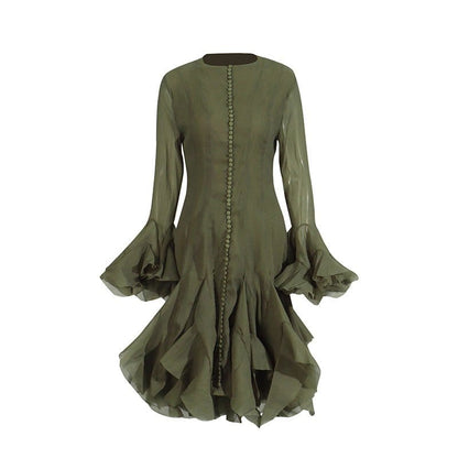 Ruffle Hem Dress with Sheer Sleeves(MS304) - A-1 Thread Vault