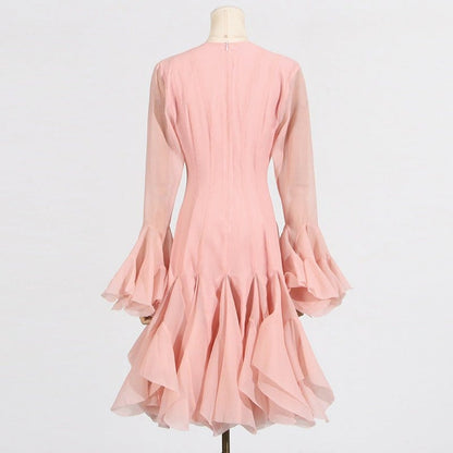 Ruffle Hem Dress with Sheer Sleeves(MS304) - A-1 Thread Vault