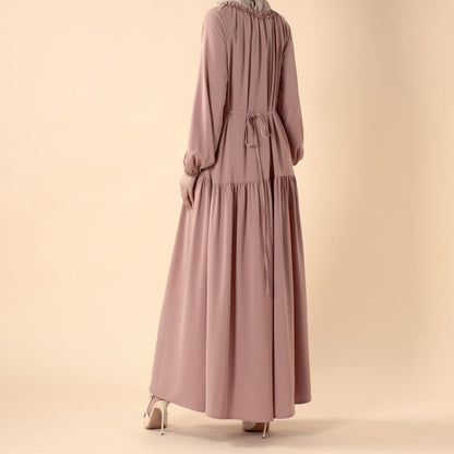Ruffle Trim Pleated Relaxed Maxi Dress with Waist Tie(MA424) - A-1 Thread Vault