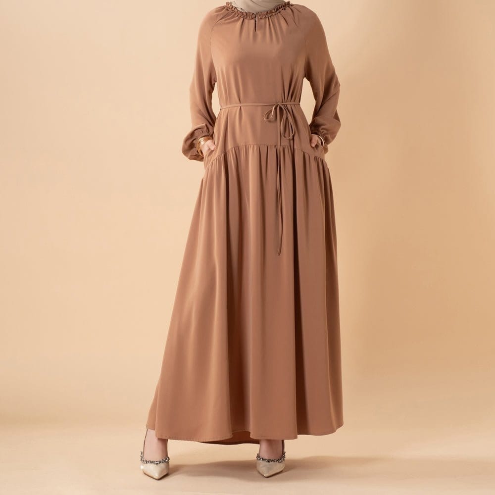 Ruffle Trim Pleated Relaxed Maxi Dress with Waist Tie(MA424) - A-1 Thread Vault