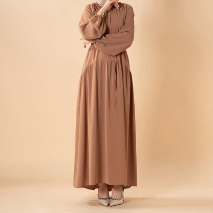 Ruffle Trim Pleated Relaxed Maxi Dress with Waist Tie(MA424) - A-1 Thread Vault