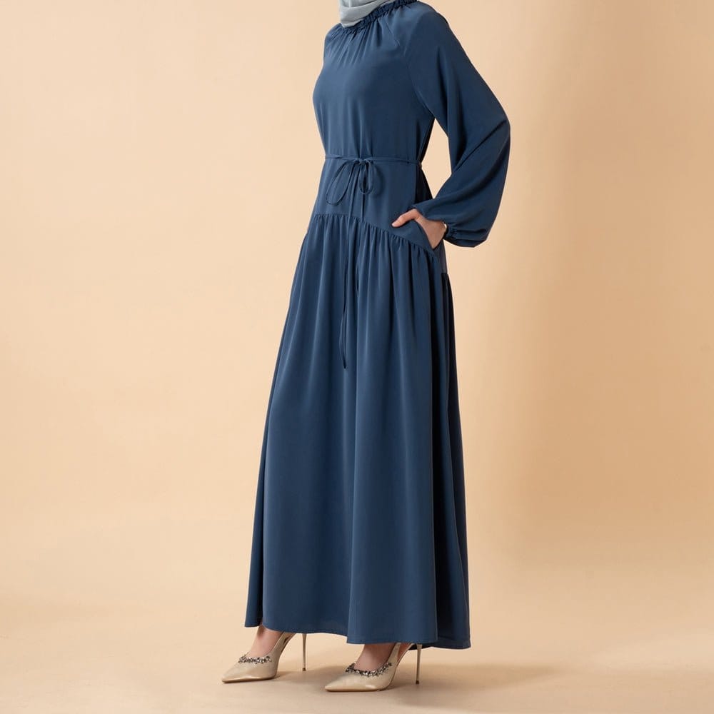 Ruffle Trim Pleated Relaxed Maxi Dress with Waist Tie(MA424) - A-1 Thread Vault