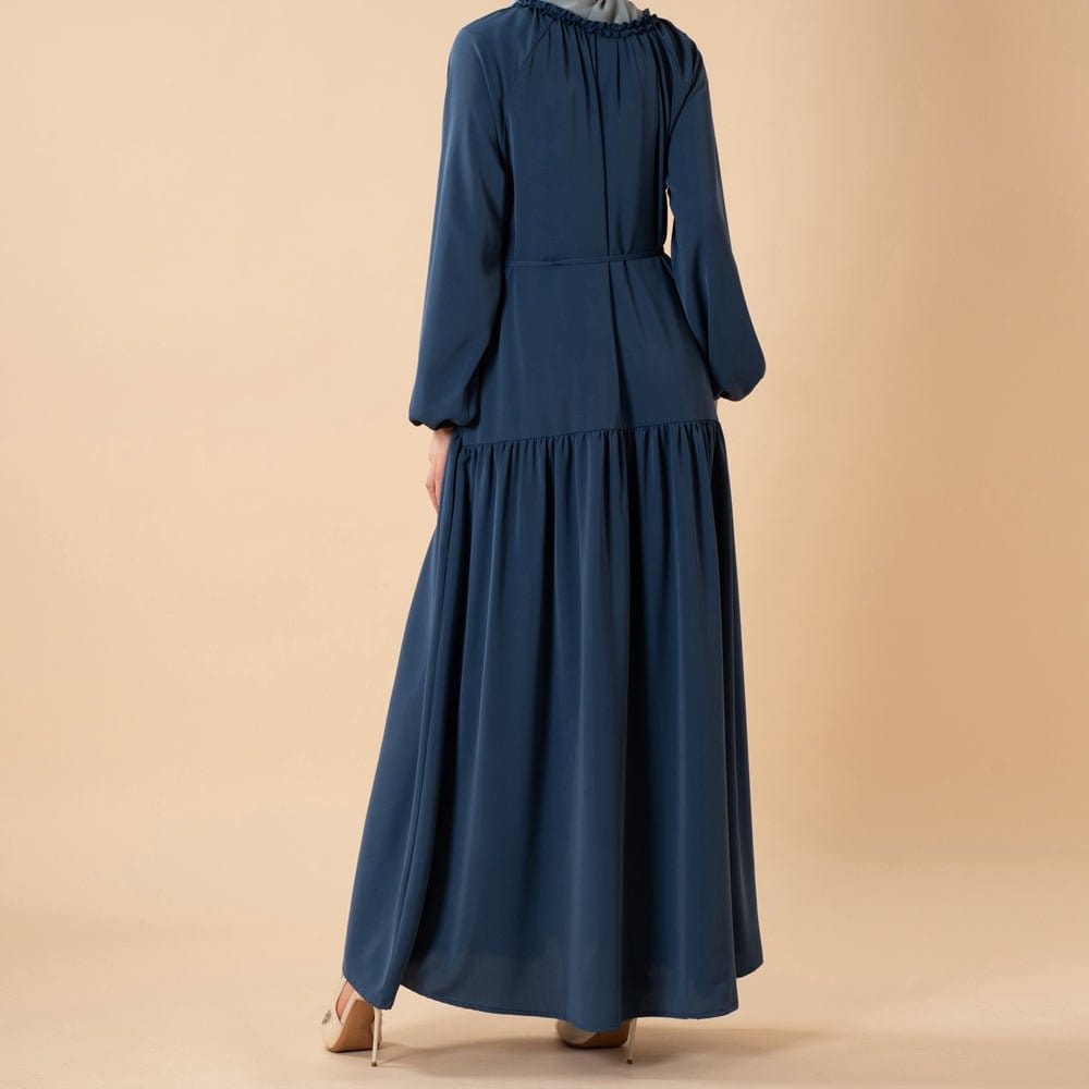 Ruffle Trim Pleated Relaxed Maxi Dress with Waist Tie(MA424) - A-1 Thread Vault