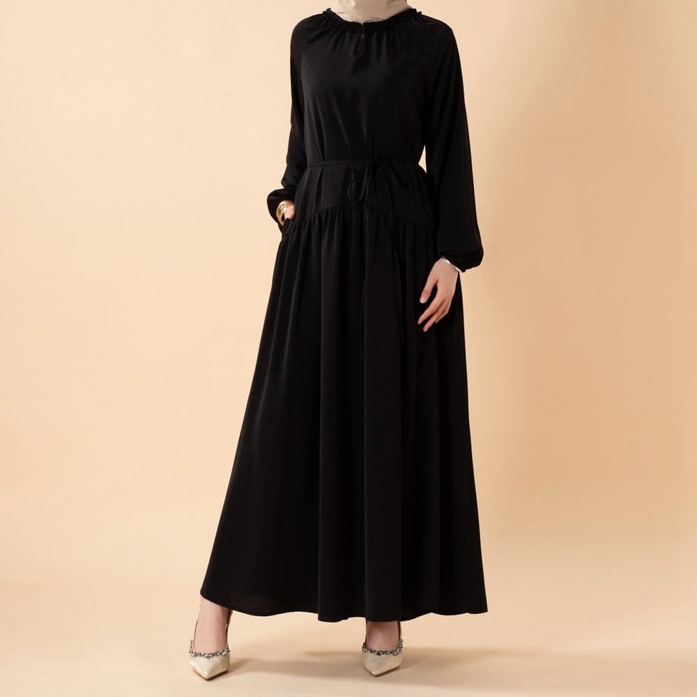 Ruffle Trim Pleated Relaxed Maxi Dress with Waist Tie(MA424) - A-1 Thread Vault