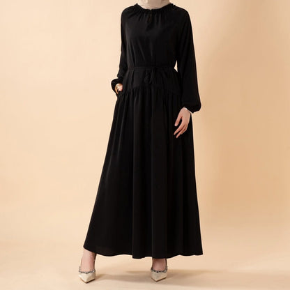 Ruffle Trim Pleated Relaxed Maxi Dress with Waist Tie(MA424) - A-1 Thread Vault