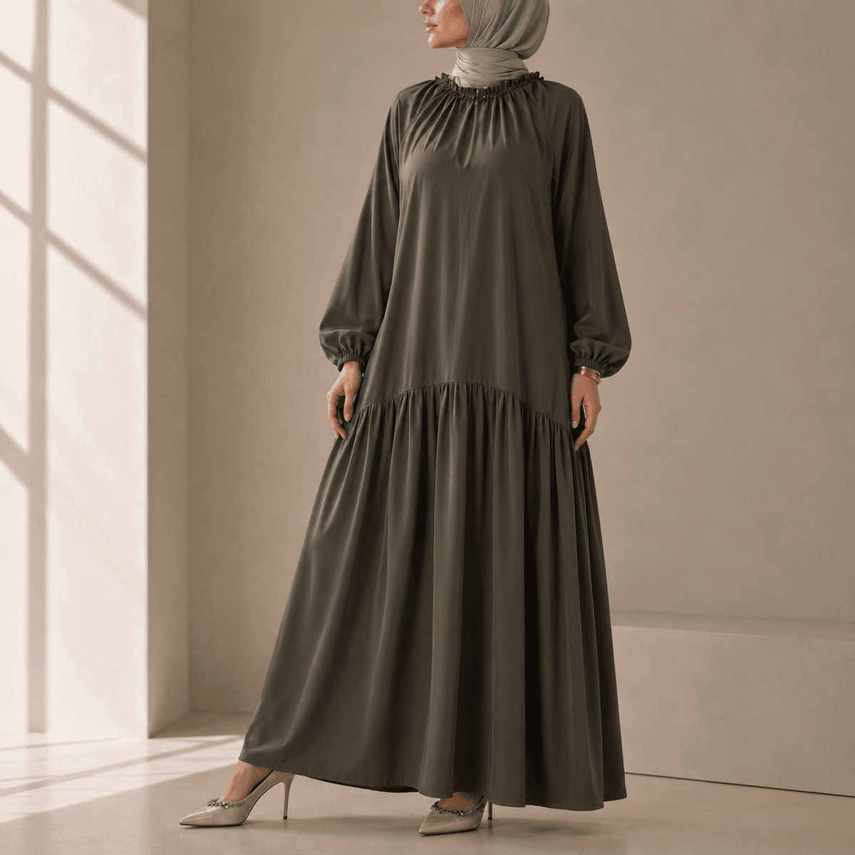 Ruffle Trim Pleated Relaxed Maxi Dress with Waist Tie(MA424) - A-1 Thread Vault
