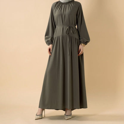 Ruffle Trim Pleated Relaxed Maxi Dress with Waist Tie(MA424) - A-1 Thread Vault
