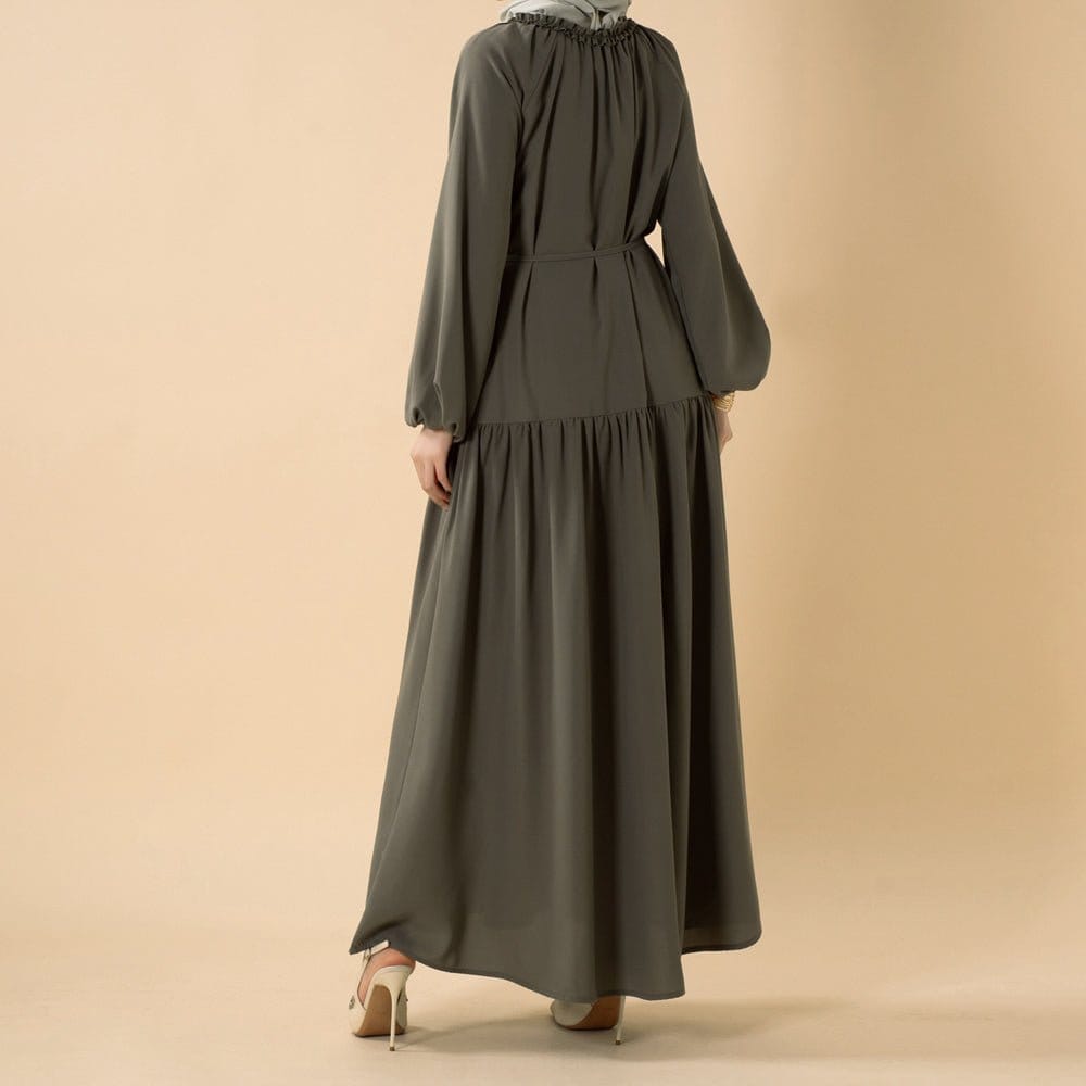 Ruffle Trim Pleated Relaxed Maxi Dress with Waist Tie(MA424) - A-1 Thread Vault